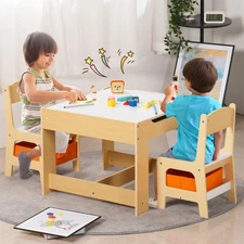WOOD COLOR 3Pc Kids Table & Chairs Set Activity Play Study Desk Toys Box AD