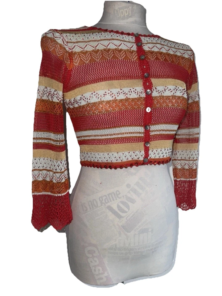 CÁRDIGAN CORTO KAREN MILLEN Y2K ROJO NARANJA LENTEJUELAS CROCHET TALLA S