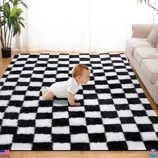 5x7 Ft Black & White Checkered Shag Rug - Ultra-Soft High Pile Anti-Skid Carpet