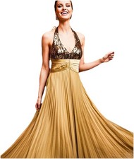 Halter Gown Maxi Dress Gold Yellow Sequin Pleated Prom Formal Evening Size S EUC