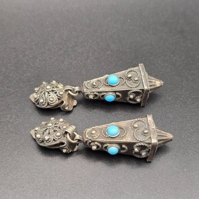Vintage Etruscan High Grade Continental Silver Filigree 4-Side Pyramid Earrings