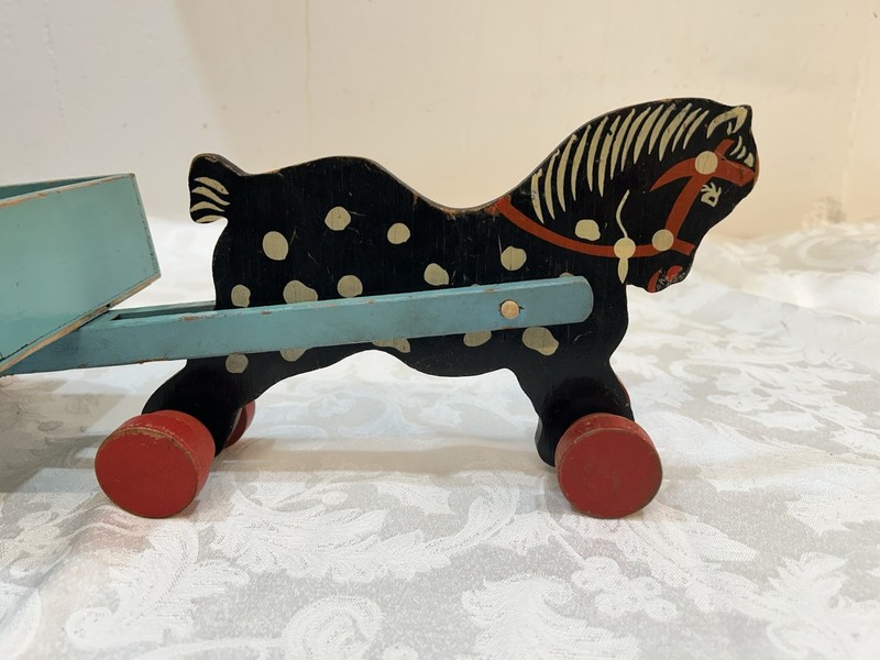 Vintage Handmade and Primitive Pull Horse and Cart 1940-50s Folk Art 