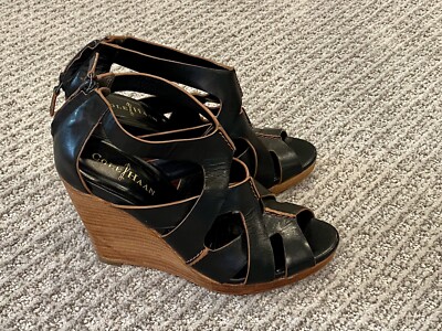 Cole Haan Women Size Wedge Heel Inch Pump Black Leather Brown Accents  Cute!