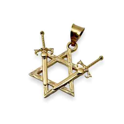 14K Gold Two Swords Star of David Pendant Jewish Protection Necklace Charm