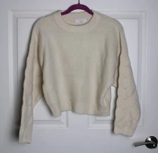 NWT Elodie Textured Sleeve Ribbed Knit Cropped Cream Ivory Sweater Crew Neck XS