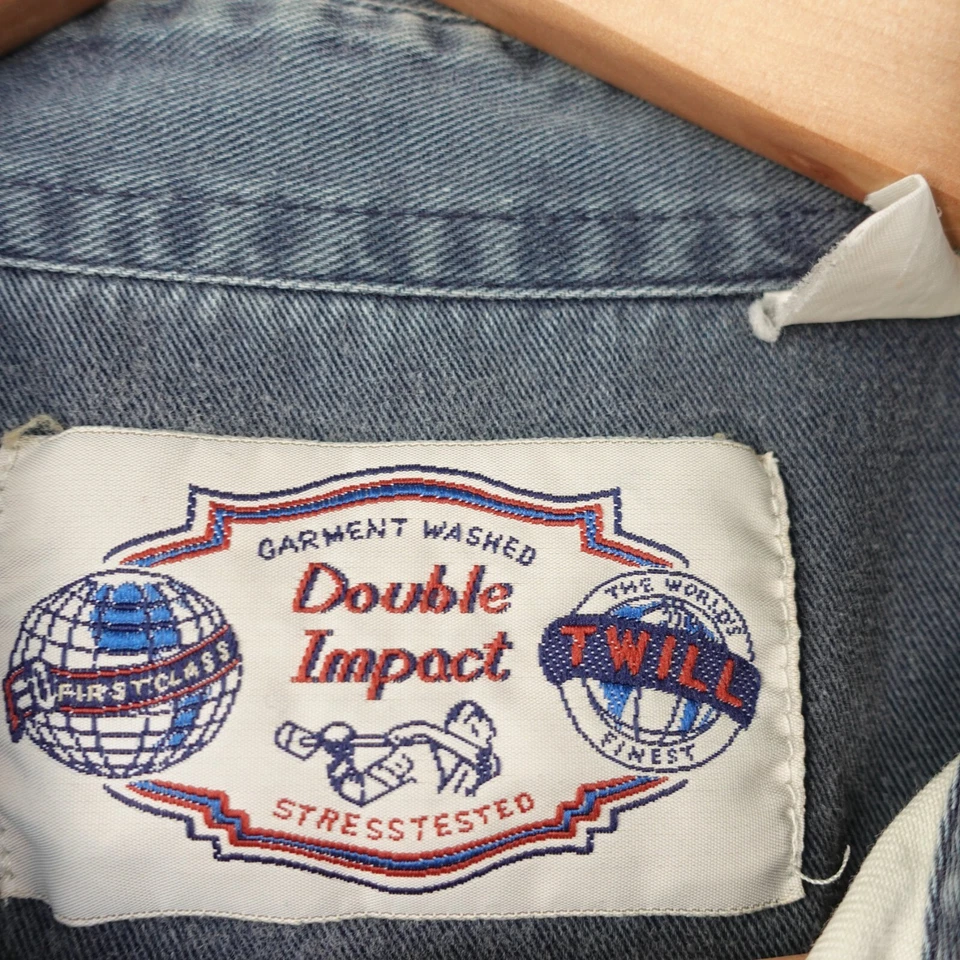 Vintage Western Denim Shirt Mens L DOUBLE IMPACT Blue Twill Mod Cowboy Thick - Image 3 of 4