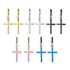 2pc Men Women Stainless Steel Slim Cross Drop Dangle Huggie Hinged Hoop Earrings