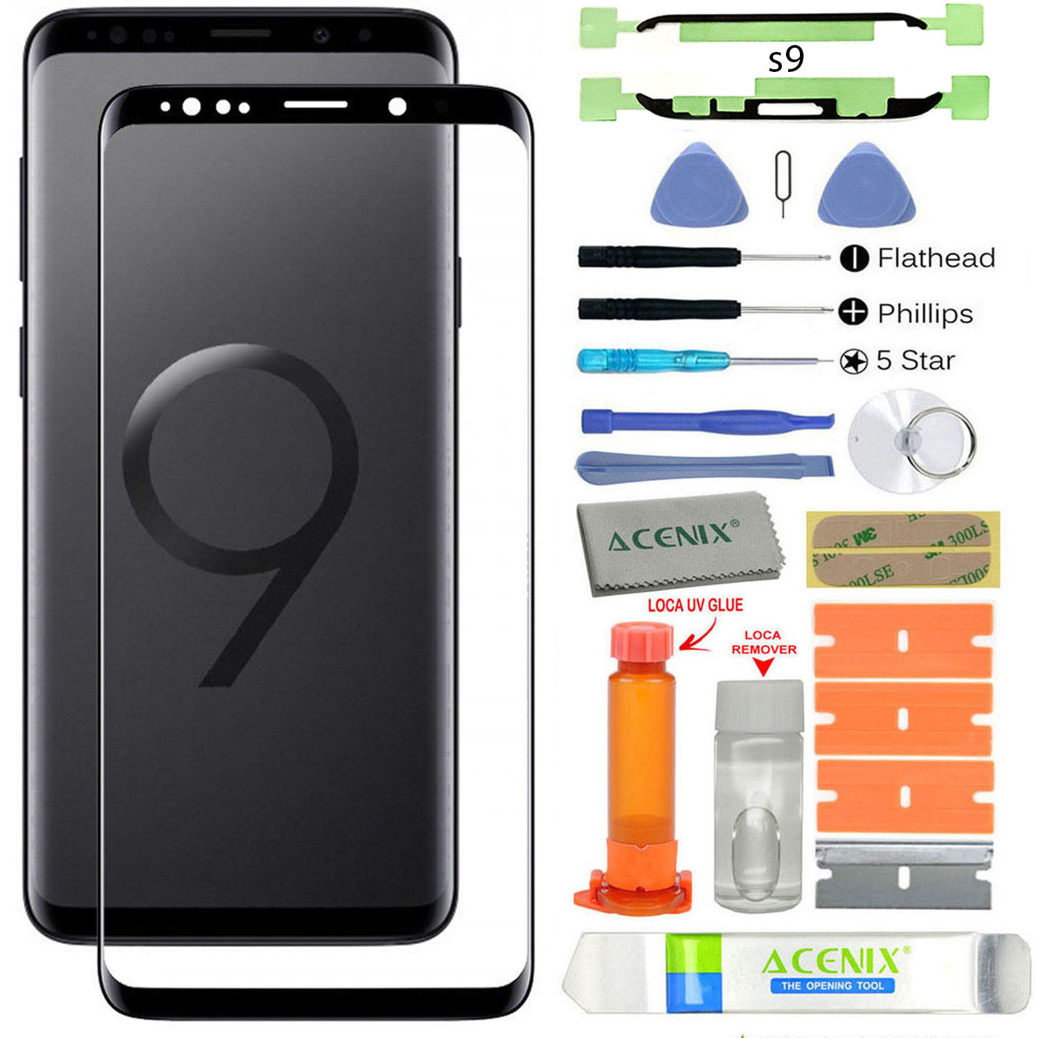 For Samsung Galaxy S9 G960 -OEM Black- Front Screen Glass BLack Replacement Kit