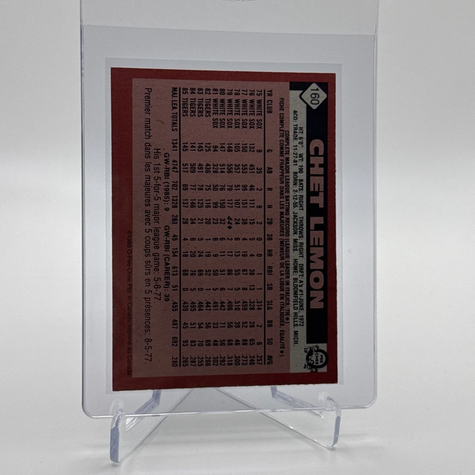 1986 O-Pee-Chee Chet Lemon Baseball Card #160 NM-MT Free Shipping - Image 2 of 3