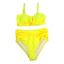 Womens 2 PC Swim Set Front Twist Bralette & Ruched Draped Hipster Yellow NWD