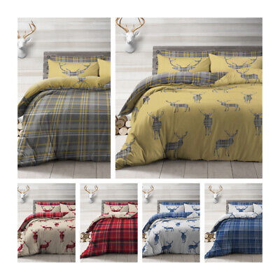 Catherine Lansfield Munro Stag Check Reversible Duvet Cover Bedding Set Red 