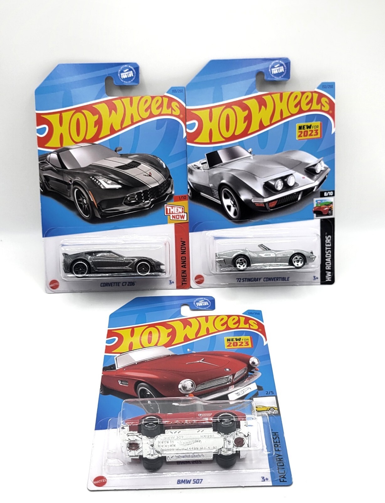 Lot Of 3 2023 Hot Wheels THEN AND NOW Corvette C7, 72 Stingray And BMW 507 