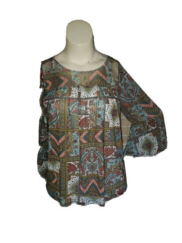 Bobbie Brooks Fall Patchwork Print Boho Bell Sleeve Peasant Top S,M,L,XL #NS3 - Picture 2 of 4