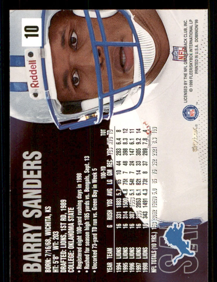 1999 SkyBox Dominion #10 Barry Sanders - Image 2 of 2