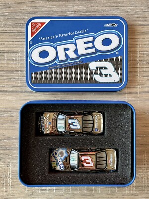 Dale Earnhardt Sr/Jr #3 OREO 18K White Gold 2 Car Tin Set Action 1