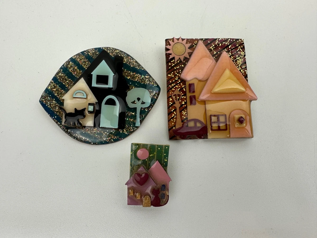 3 Vintage Lucinda Yates House Pins Pink and Blue Black with