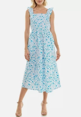 Draper James Women's Flutter Strap Smocked Midi Dress Blue Paisley Size XL NWT