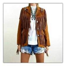 Western Women's Suede Leather Fringe Jacket bones LJ62