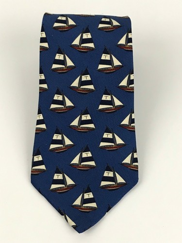 Tommy Hilfiger Maritime Italian Silk Mens Tie Sailboats Blue Yellow Made in USA - Picture 2 of 10