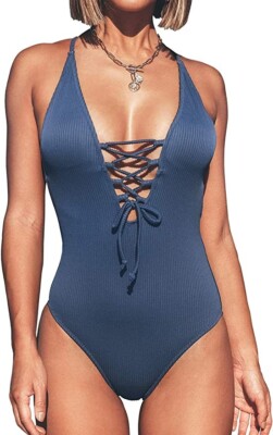 CUPSHE Women's Solid Color V Neck Lace Up One Piece Swimsuit - Medium Blue