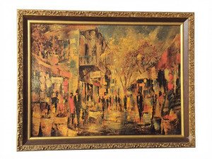 mid-century textured canvas replica of "Olvera Street" by Jack Laycox