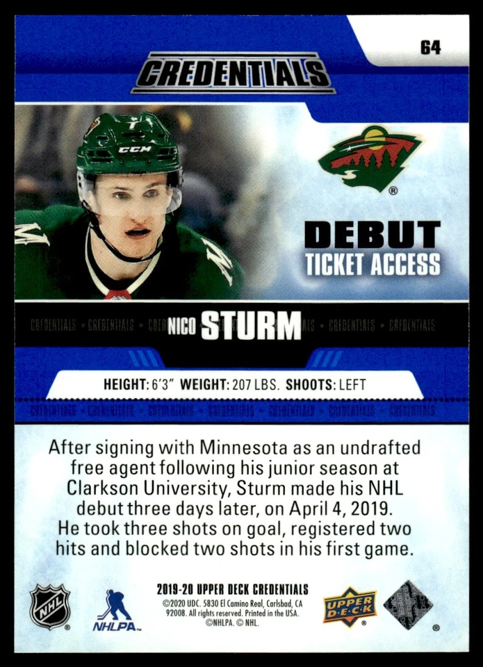2019-20 Upper Deck Credentials Nico Sturm 831/999 Minnesota Wild #64 - Image 2 of 2