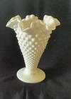 Vintage Fenton White Milk Glass Hobnail 7.5”  Trumpet Vase Ruffled Edge..