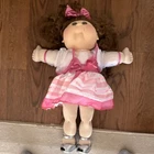 Cabbage Patch Kids Baby Doll Soft Body Brown Curly Hair Pink Dress Silver Shoes