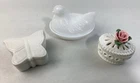 Lot of 3 Vintage Milk Glass Trinket Boxes Hazel Atlas Chicken, Rose, Butterfly