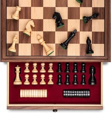 A&A 15 inch Walnut Wooden Chess Sets with Storage Drawer, Triple Weighted Chess 