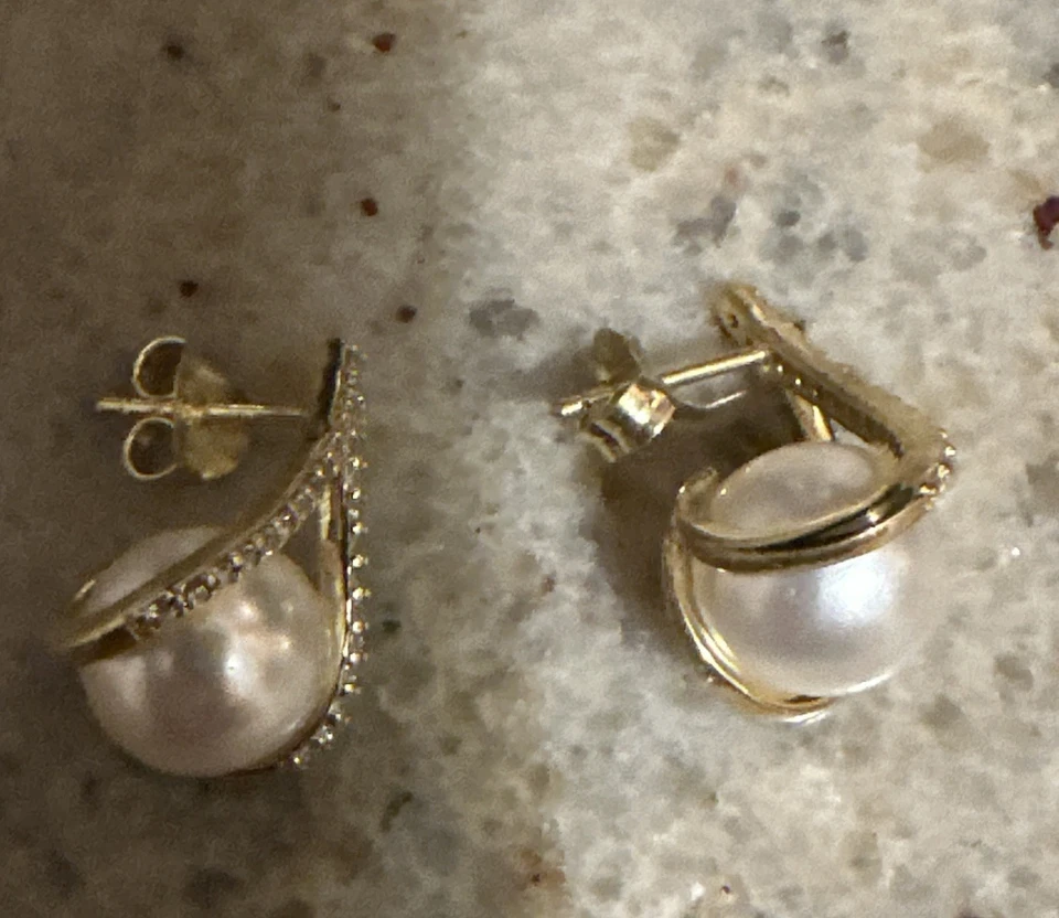 Ohrringe Silber vergoldet mit Perlen, Zirkonia, Omega- Clipverschluss, 20x14,5mm - Bild 4 von 4