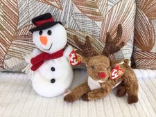 Vintage TY Christmas Beanie Baby Roxy The Red Nosed Reindeer + Snowball Snowman
