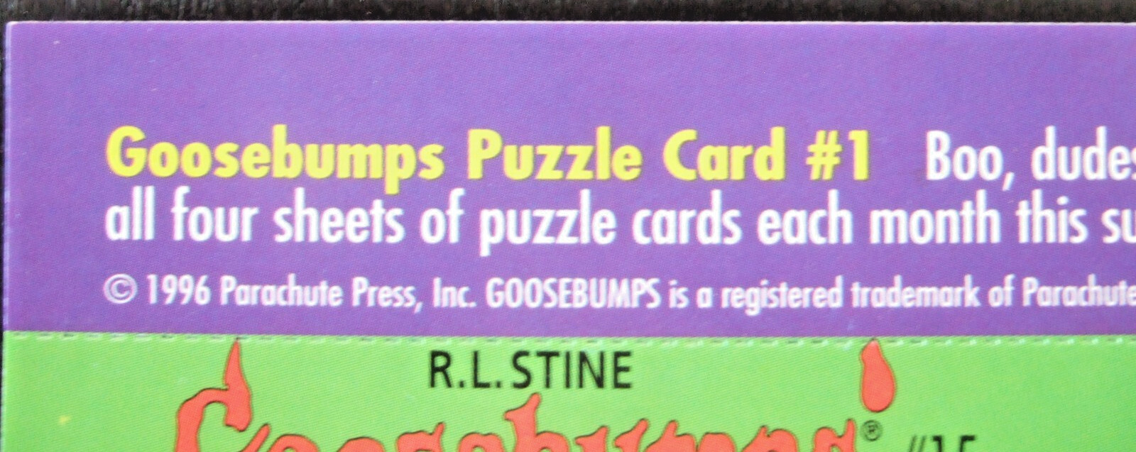 VINTAGE  1996  SCHOLASTIC GOOSEBUMPS PUZZLE CARD #1    10 TRADING CARDS SHEETS