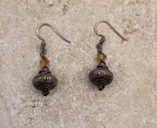 Vintage Ornate Sterling Silver 925 Dangle Drop Earrings Orange Bead - Picture 13 of 13