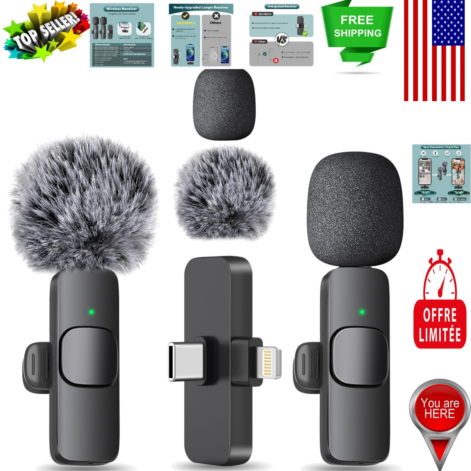 Compact Wireless Lavalier Mic for iOS Android with 65FT Range