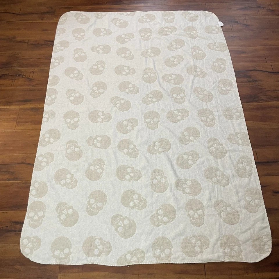 Skull Chenille Throw Blanket 51"x72" Reversible Ivory Beige Whimsigoth Envogue - Image 3 of 4