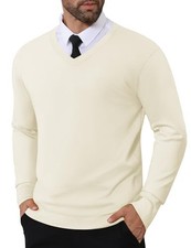 Men's V Neck Sweater Knitted Pullover Casual Soft Lightweight X-Large White