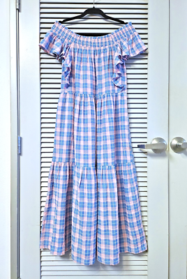 blue/ pink plaid ruffle off-shoulder midi dress S urban outfitters