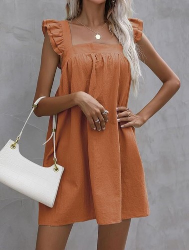 Women's Comfy Square Neck Ruffled Sleeveless Linen-Style Loose Fit Midi Dress - Picture 14 of 15