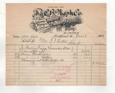 1908 F CB NASH CO BILLHEAD HEATING AND PLUMBING ENGINEERS FORE ST PORTLAND ME