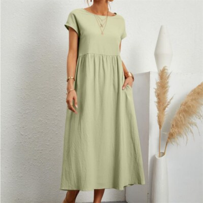 sachin and babi light blue dress Ladies Cotton Linen Dress Pleated Summer Casual Holiday Plain Midi Dress  Womens