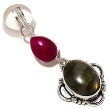 Labradorite, Red Ruby Oval & Pear Gemstone Handmade Double Drop Pendant N3998