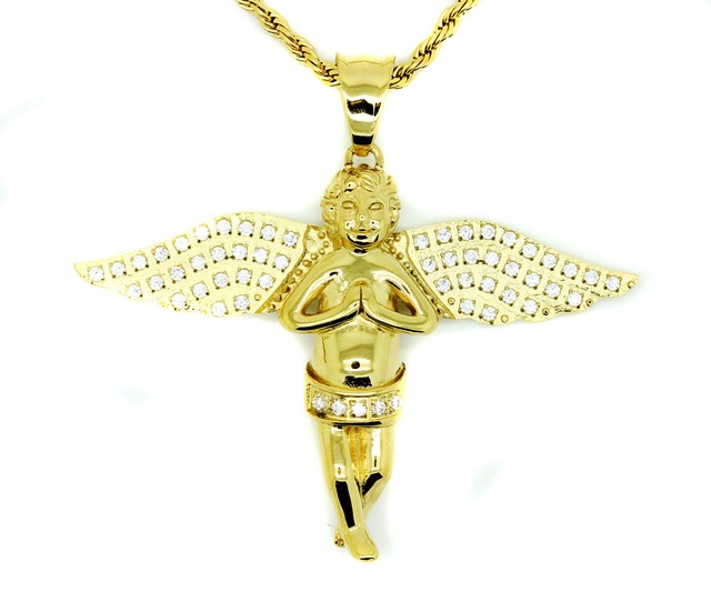 Yellow Stainless Steel Angel Pendant Rope Chain Necklace Angelic