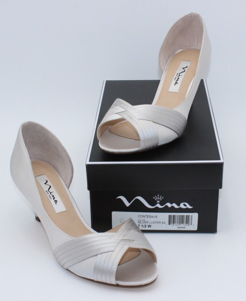 Nina Womens Silver Luster Wide Contesa Evening wedding kitten heel Pumps shoes eBay