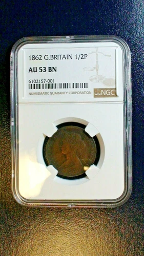 1862 Great Britain Half Penny NGC AU53 BN 1/2P Coin PRICED TO SELL NOW!