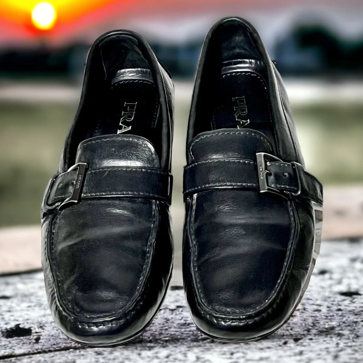 Mens Youth Boys PRADA Black Leather Loafer Shoes Driving Moccasins sz US 5