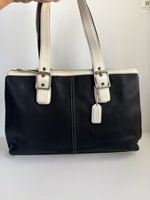 Vintage Coach Hampton Leather Carryall/Tote /Shoulder Bag Navy Blue/White EUC
