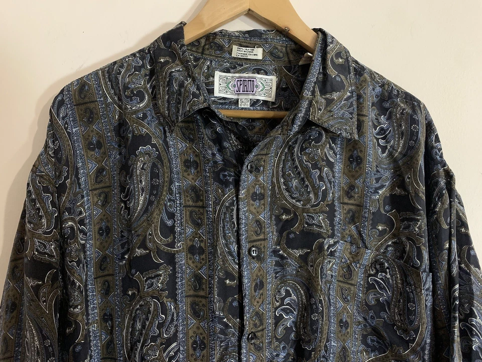 Camisa De Colección Spirito 100% Seda Para Hombre XL/XXL Azul Paisley Abotonada Manga Larga Foto 2 de 4