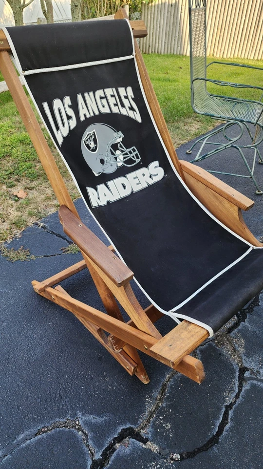  Silla de madera de colección Los Angeles Raiders NFL mecedora cubierta plegable salón lona Foto 2 de 2