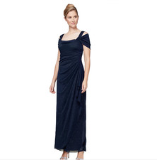 Alex Evenings Women's Cold-Shoulder Draped Metallic Gown Navy, 12 